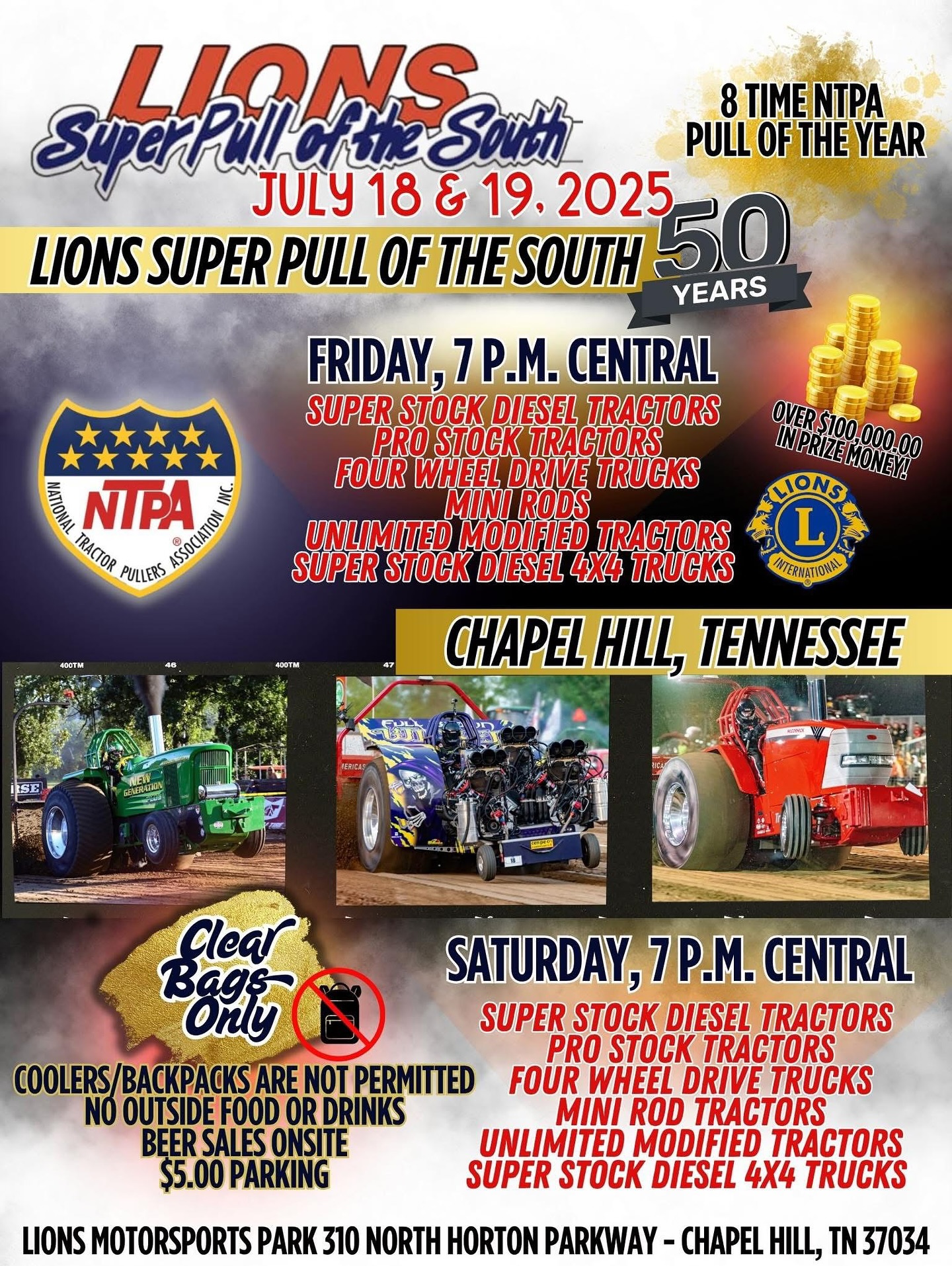 Permanent Jewelry Pop Up!!! 🚜💥 It’s Tractor Pull Week in Chapel Hill — and we’re celebrating 50 YEARS of the Lions Super Pull of the South! 💥🚜

🎟️ Get your tickets:
✅ Online
✅ At the gate
✅ Or scan the QR code onsite
(Gates at the North, South & West entrances)

🔊 This year’s lineup includes Grand National classes from the 2025 NTPA Circuit!
🔥 Super Stock Diesel Tractors
🔥 Pro Stock Tractors
🔥 Four-Wheel-Drive Trucks
🔥 Unlimited Modifieds
🔥 Mini Modifeds 
🚨 Plus a special exhibition class: Super Stock Diesel 4x4 Trucks!

🔐 EVENT REMINDERS:

All guests go through Security

CLEAR BAGS ONLY

No coolers, backpacks, or outside food/drinks

Full concessions + Beer sales onsite

$5 Parking

🎉 Join us for a special 50th Anniversary Celebration — featuring a FIREWORKS SHOW 🎆
🌟 Happening between the 3rd & 4th classes — you won’t want to miss it!

Let’s pack the stands and celebrate 5️⃣0️⃣ years of pulling power and hometown pride! 🇺🇸💪
#SuperPull50 #TractorPull #ChapelHillTN #NTPA #LionsSuperPull #FireworksAndHorsepower #permanent jewelry #popup